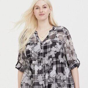 NWOT TORRID Emma Babydoll Chiffon Floral Plaid Tunic Blouse Size 5 (26/28)